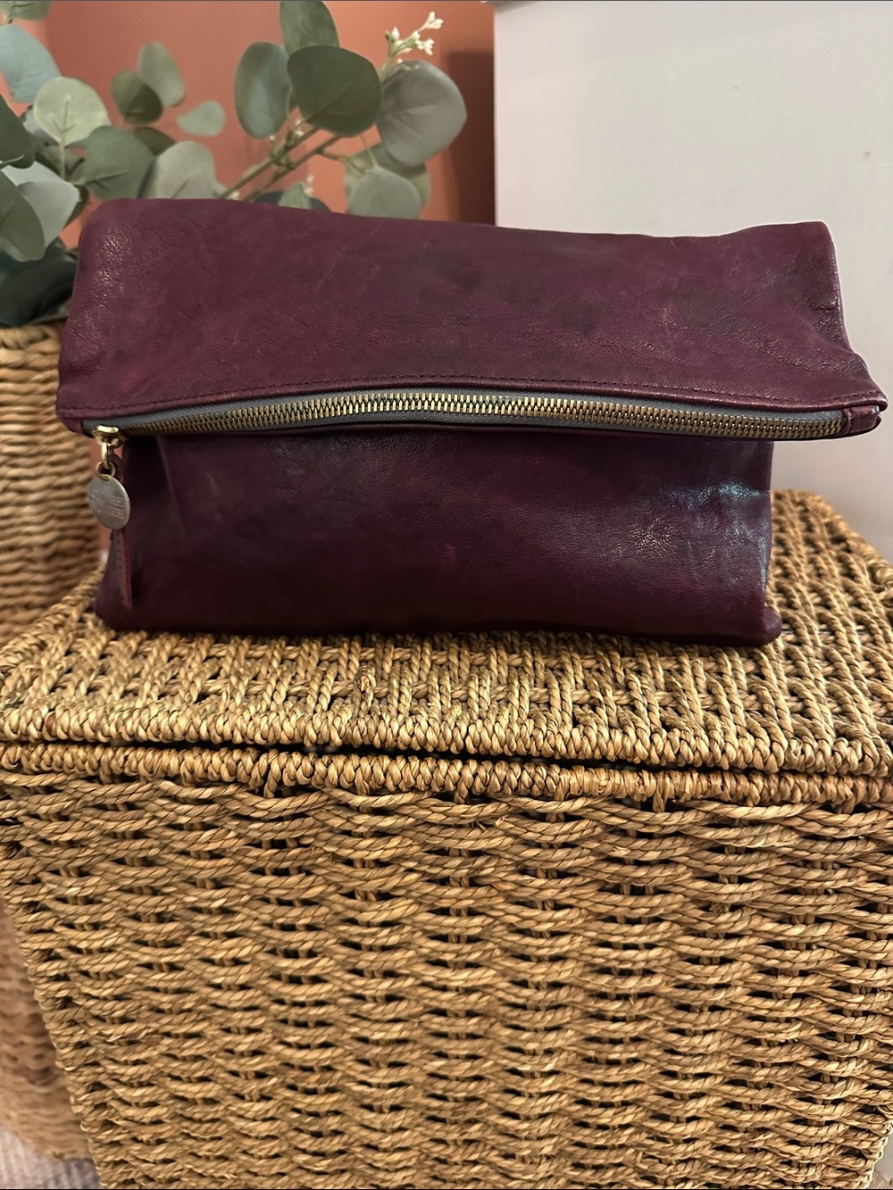 Clare Vivier Leather Fold-Over plum Burgundy zipper clutch purse